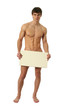 Nude Man Covering with a Copy Space Blank Banner