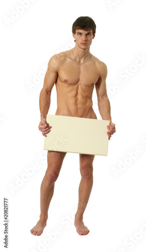 Photo: Nude Man Covering with a Copy Space Blank Banner Nude Man Covering with a Copy Space Blank Banner