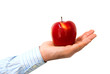 Red apple in a man's hand on a white background