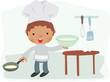 Niño chef cocinando panqueques para el desayuno Niño chef cocinando panqueques para el desayuno