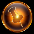 thumbtack icon golden, isolated on black background.