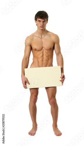Photo: Nude Man Covering with a Copy Space Blank Banner Nude Man Covering with a Copy Space Blank Banner