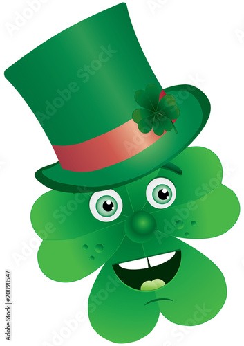 Vector clover with face in tophat  for St. Patrick`s Day