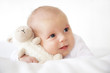newborn baby with bear on white background