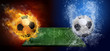 Water drops and fire flames around soccer ball on the background