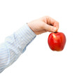 Red apple in a man's hand on a white background