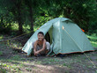 happy boy near camping tent happy boy near camping tent