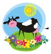 Rural background with cute cartoon cow. Vector illustration.