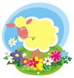 Rural background with cute little sheep. Vector illustration.