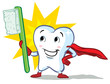 vector happy superhero healthy tooth, with toothbrush