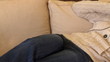 Quiet woman listening music lying on sofa Quiet woman listening music lying on sofa
