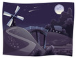 Countryside with windmill in the night. Vector landscape.