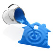 Illustration: blue paint pouring from bucket in house silhouette blue paint pouring from bucket in house silhouette