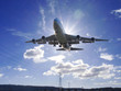Airplane take off under sunlight in the airport