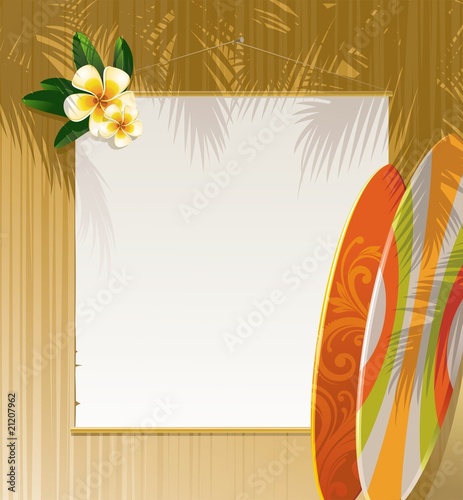 Vector: Frangipani flowers, surfboards and banner on a wooden wall Frangipani flowers, surfboards and banner on a wooden wall