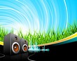 Music illustration with speakers on a field background.