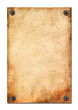 The sheet of an old paper is attached by nails The sheet of an old paper is attached by nails