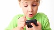 small girl play in communicator with stylus on white background