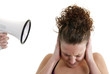 Woman yelled at by a megaphone