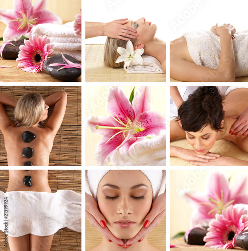Collage of different spa treatment images with women and flowers