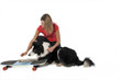 jolie femme rassurant son chien pour apprendre la skate