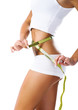 Woman measuring perfect shape of beautiful waist Woman measuring perfect shape of beautiful waist