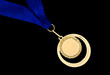 gold medal with blue ribbon