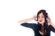 Photo: Woman with headphones isolated high key portrait Woman with headphones isolated high key portrait