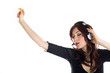 Photo: Woman with headphones isolated high key portrait Woman with headphones isolated high key portrait