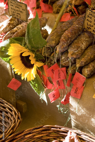 Sausages for sale at the market in St Remy France
