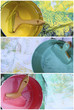 Pinceaux et pots de peinture jaune, bleu, rose