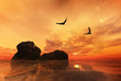Eagles flying over rocks with a beautiful sunset