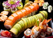 Japanese sushi rolls. View from above. Japanese sushi rolls. View from above.
