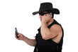 Man in black cap with phone