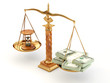 Time is money. Money and hourglass on scale Time is money. Money and hourglass on scale