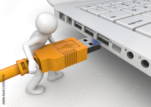 Illustration: Man connecting USB device Man connecting USB device