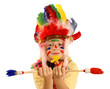 Messy kid painter wearing Indian costume