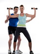 couple, man and woman doing workout on white isolated background