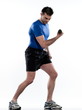 man doing biceps workout on white isolated background