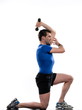 man doing workout on white background..Lunges.Triceps Stretch