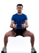 man doing workout squats on white isolated background