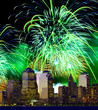 The Lower Manhattan skyline and fireworks