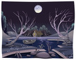 Pond in the night. Funny cartoon and vector illustration