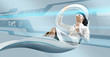 Sexy brunette oparating interface in futuristic armchair
