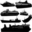 Set of vector silhouettes of ships and cruise ship