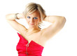 Happy woman in red modern dress