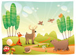 Animals in the wood. Funny cartoon and vector illustration