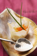 Filled won tons with trout caviare and fried quail’s egg