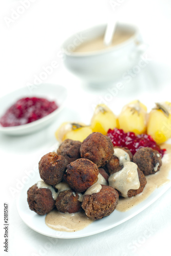 Photo: Sweedish Kottbullar meatball with brunsas sauce, boiled potatoes Sweedish Kottbullar meatball with brunsas sauce, boiled potatoes
