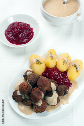Photo: Sweedish Kottbullar meatball with brunsas sauce, boiled potatoes Sweedish Kottbullar meatball with brunsas sauce, boiled potatoes